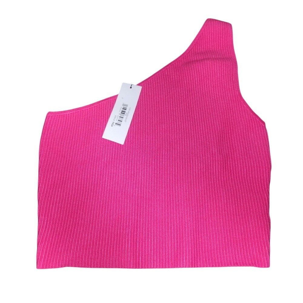 The Drop One‎ Shoulder Hot Pink Ribbed Sleeveless Crop Top - Size S